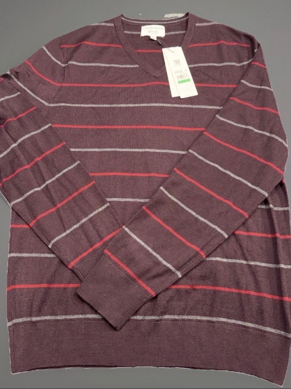Calvin Klein Merino Blend Striped V-Neck Sweater Burgundy Gray Red Men's L